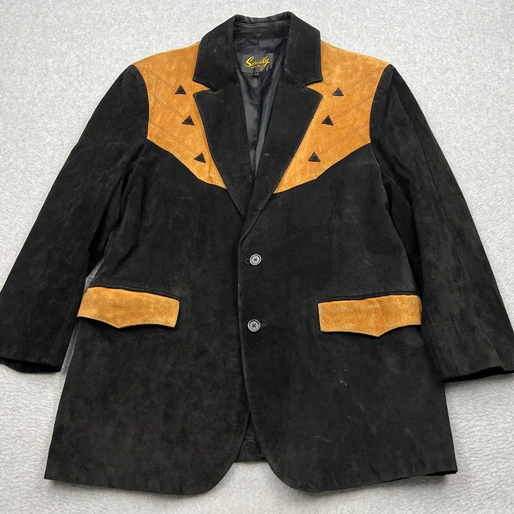 Scully Western Leather Jacket Mens 44 Black Tan Colorblock Suede Cowboy Blazer